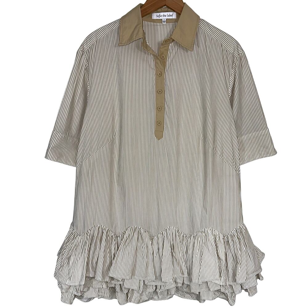 Sofie the Label Tan Stripe Ivanna Layered Flounce Hem Shirt Mini Dress Size S